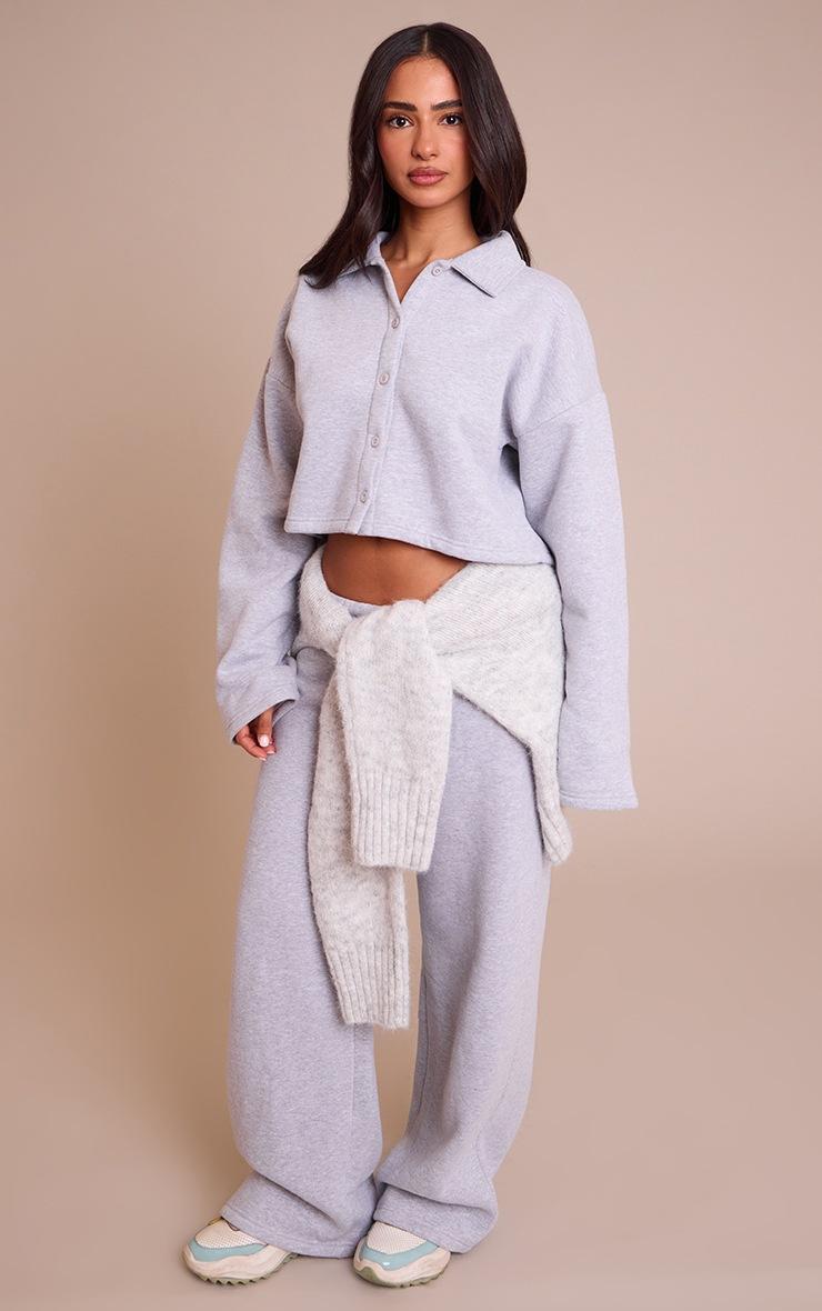 Pretty Little Thing Petite Grey Marl Cropped Button Up Collared Sweatshirt