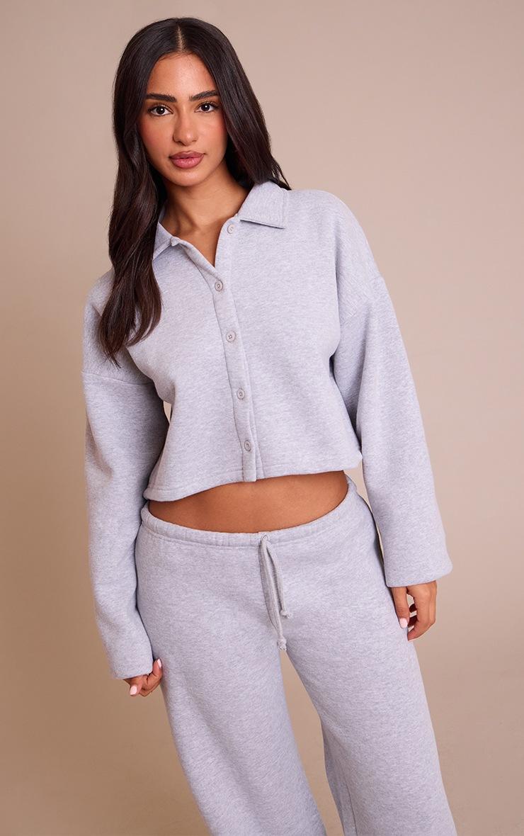 Pretty Little Thing Petite Grey Marl Cropped Button Up Collared Sweatshirt