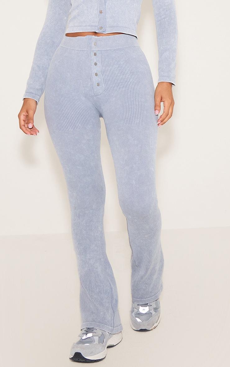 Pretty Little Thing Petite Grey Marl Faded Snatched Rib Button Detail Flare Leggings