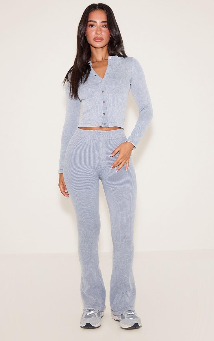 Pretty Little Thing Petite Grey Marl Faded Snatched Rib Button Detail Flare Leggings
