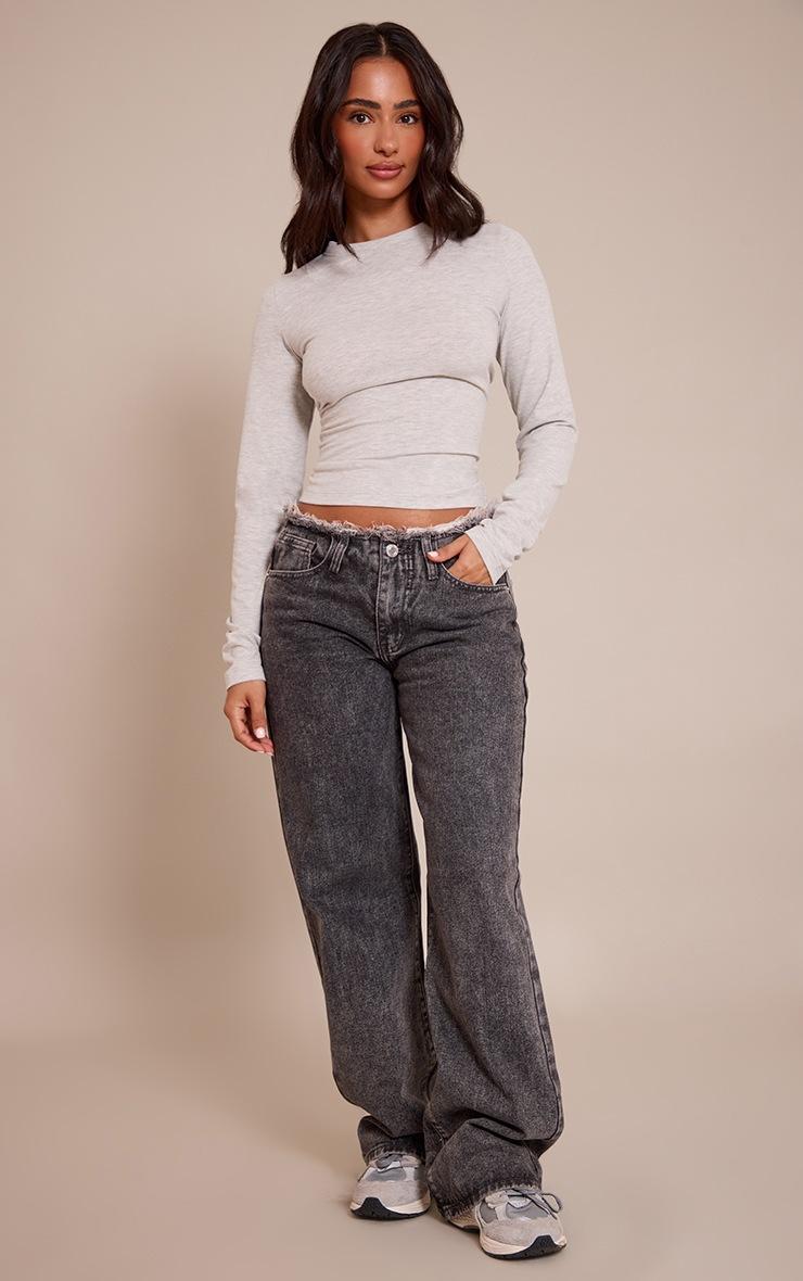 Pretty Little Thing Petite Grey Marl Soft Cotton Crew Neck Longline Long Sleeve Top