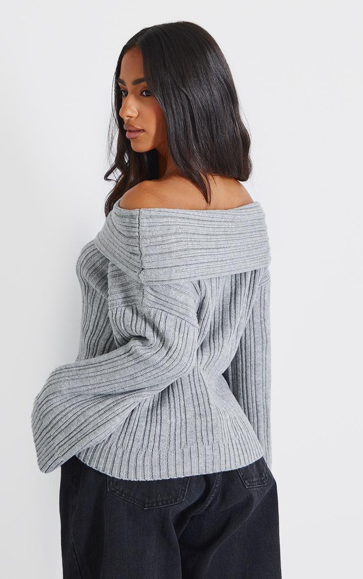Pretty Little Thing Petite Grey Off The Shoulder Knit Sweater