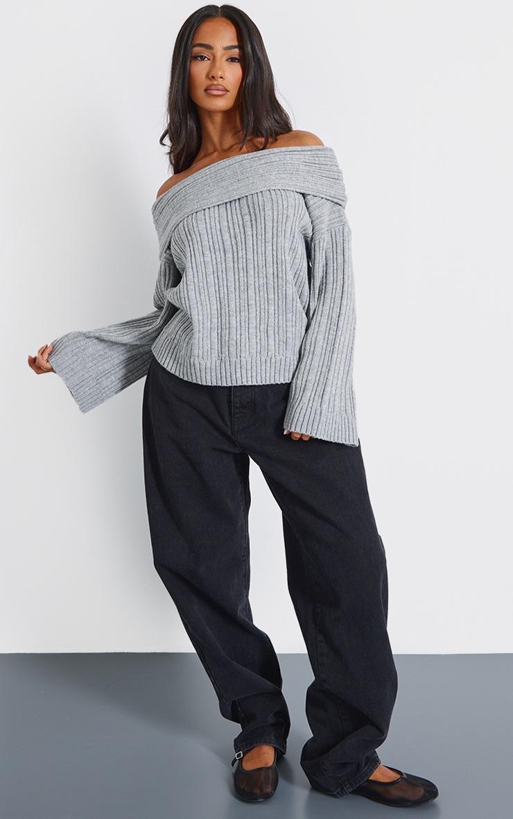 Pretty Little Thing Petite Grey Off The Shoulder Knit Sweater