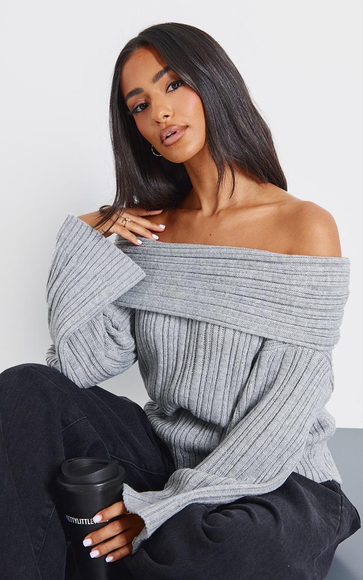 Pretty Little Thing Petite Grey Off The Shoulder Knit Sweater