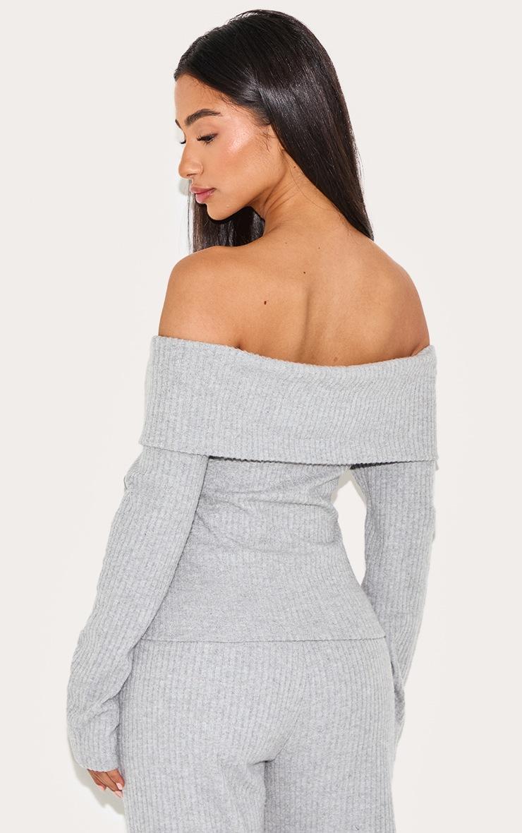 Pretty Little Thing Petite Grey Ribbed Bardot Long Top