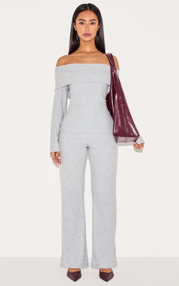 Pretty Little Thing Petite Grey Ribbed Bardot Long Top