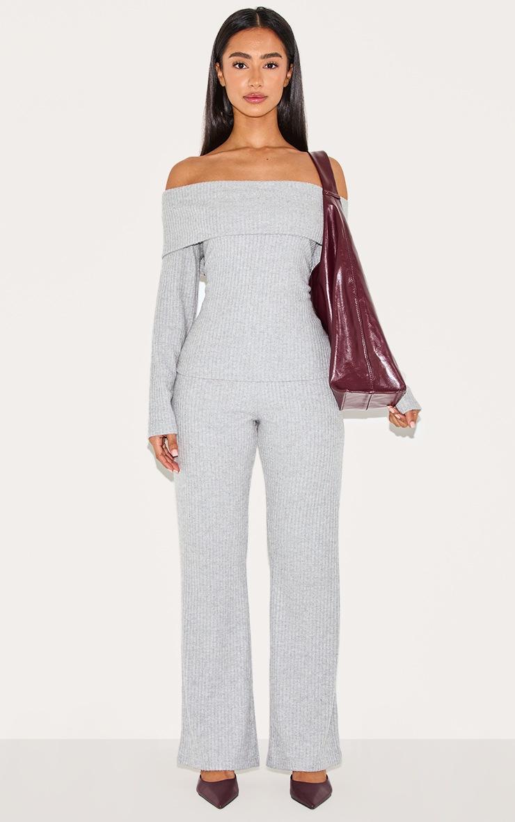 Pretty Little Thing Petite Grey Ribbed Wide Leg Pants