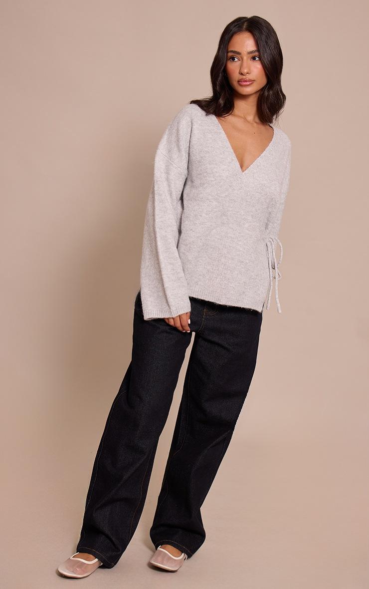 Pretty Little Thing Petite Grey Wrap Tie Side Knitted Sweater