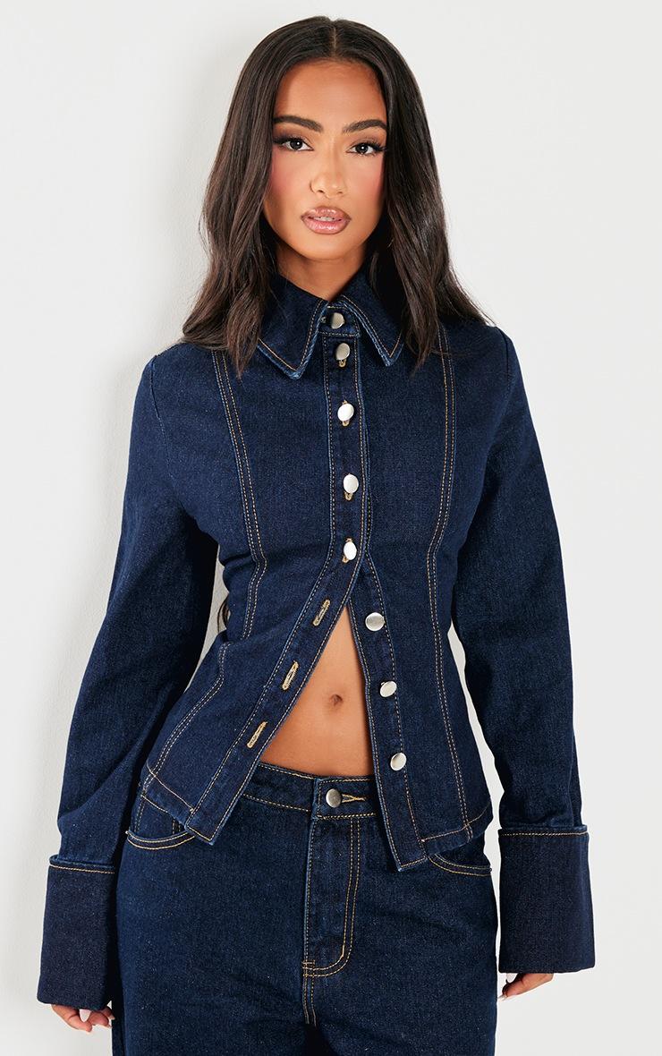 Pretty Little Thing Petite Indigo Blue Wash Long Sleeve Fitted Denim Shirt