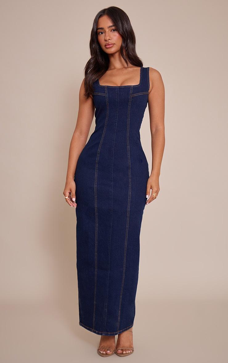 Pretty Little Thing Petite Indigo Bodycon Seam Detail Denim Maxi Dress