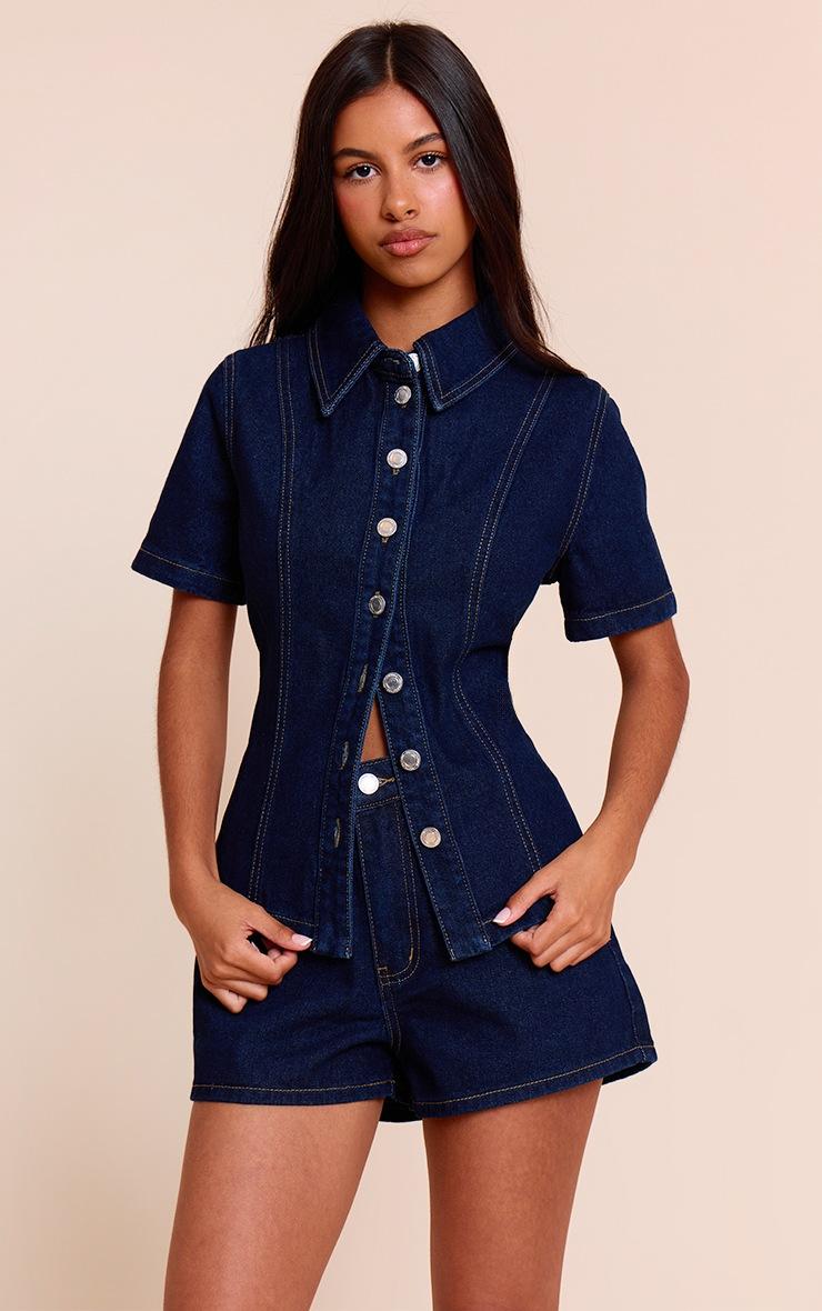 Pretty Little Thing Petite Indigo Denim Button Up Short Sleeve Shirt