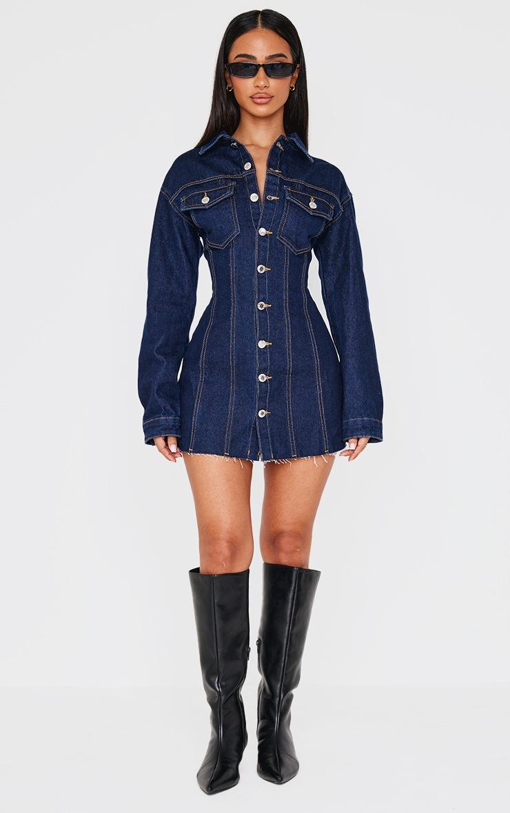 Pretty Little Thing Petite Indigo Denim Long Sleeve Fitted Mini Dress