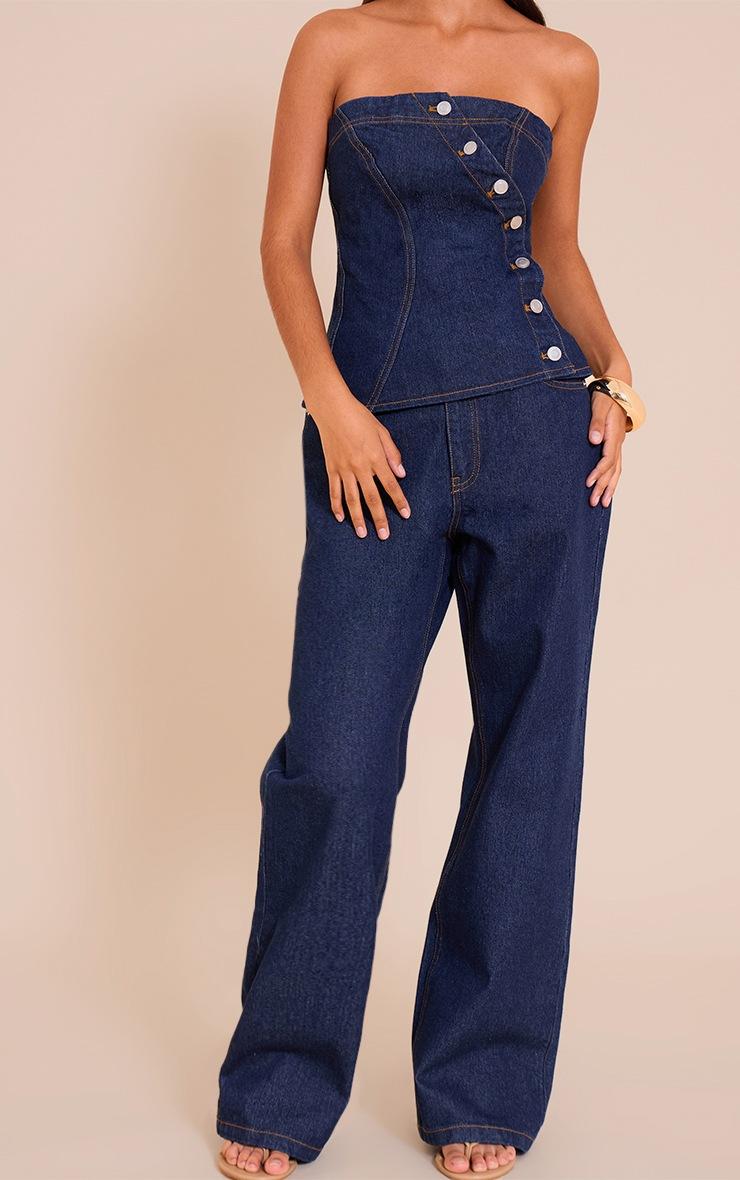 Pretty Little Thing Petite Indigo Wide Leg Mid Rise Jeans