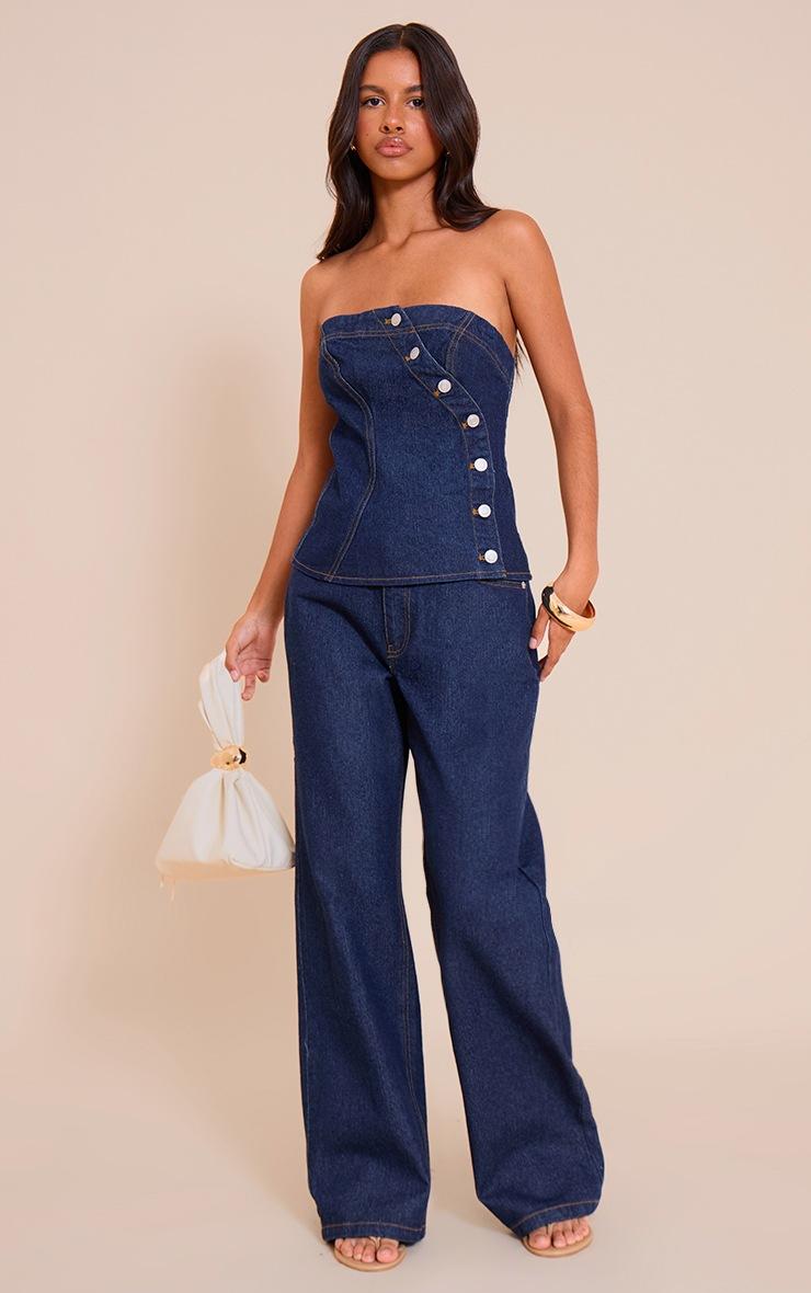 Pretty Little Thing Petite Indigo Wide Leg Mid Rise Jeans