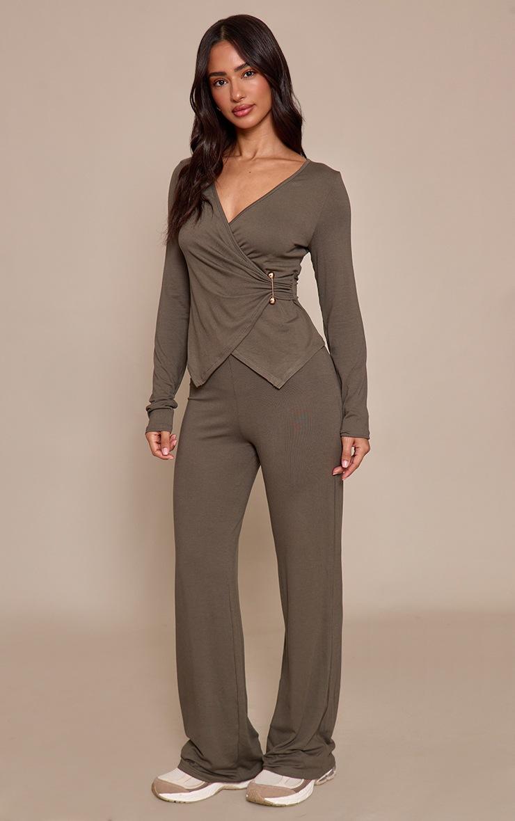 Pretty Little Thing Petite Khaki Jersey Wide Leg Pants