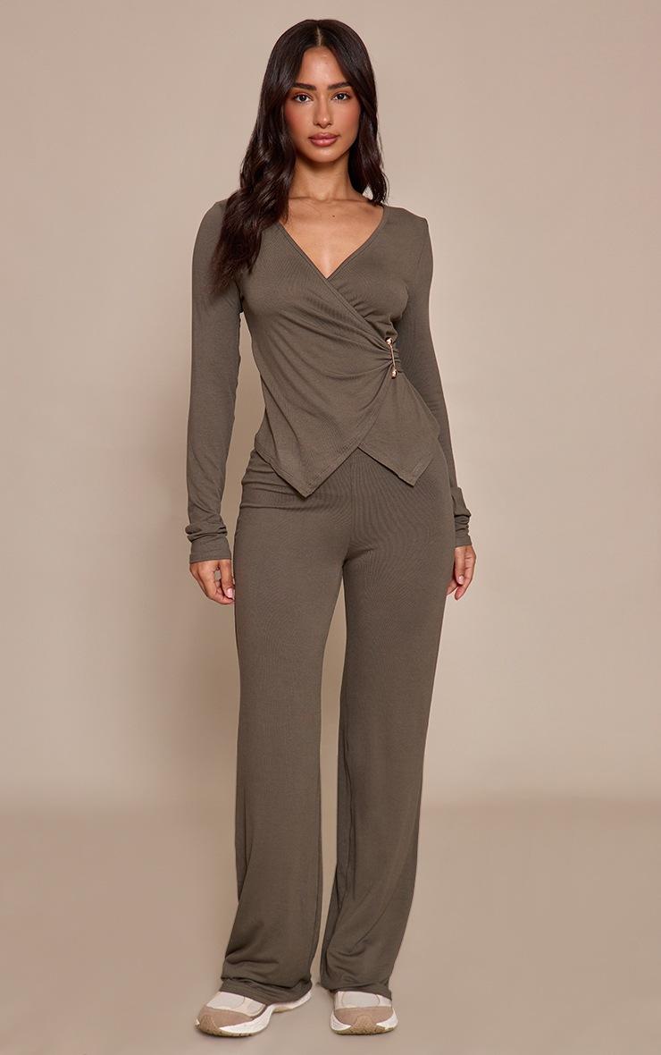 Pretty Little Thing Petite Khaki Jersey Wide Leg Pants