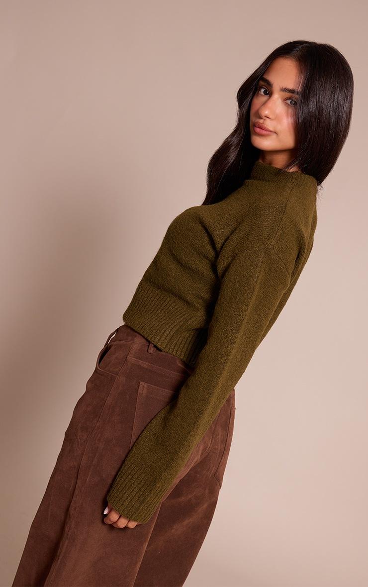 Pretty Little Thing Petite Khaki Knit High Neck Crop Sweater