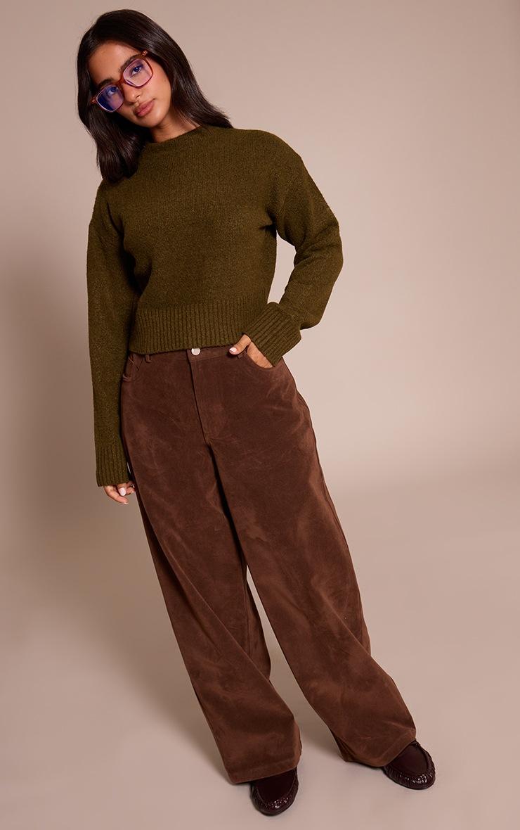 Pretty Little Thing Petite Khaki Knit High Neck Crop Sweater