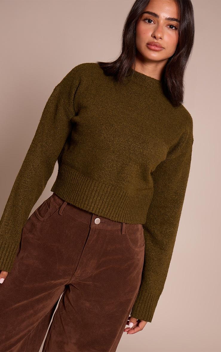Pretty Little Thing Petite Khaki Knit High Neck Crop Sweater