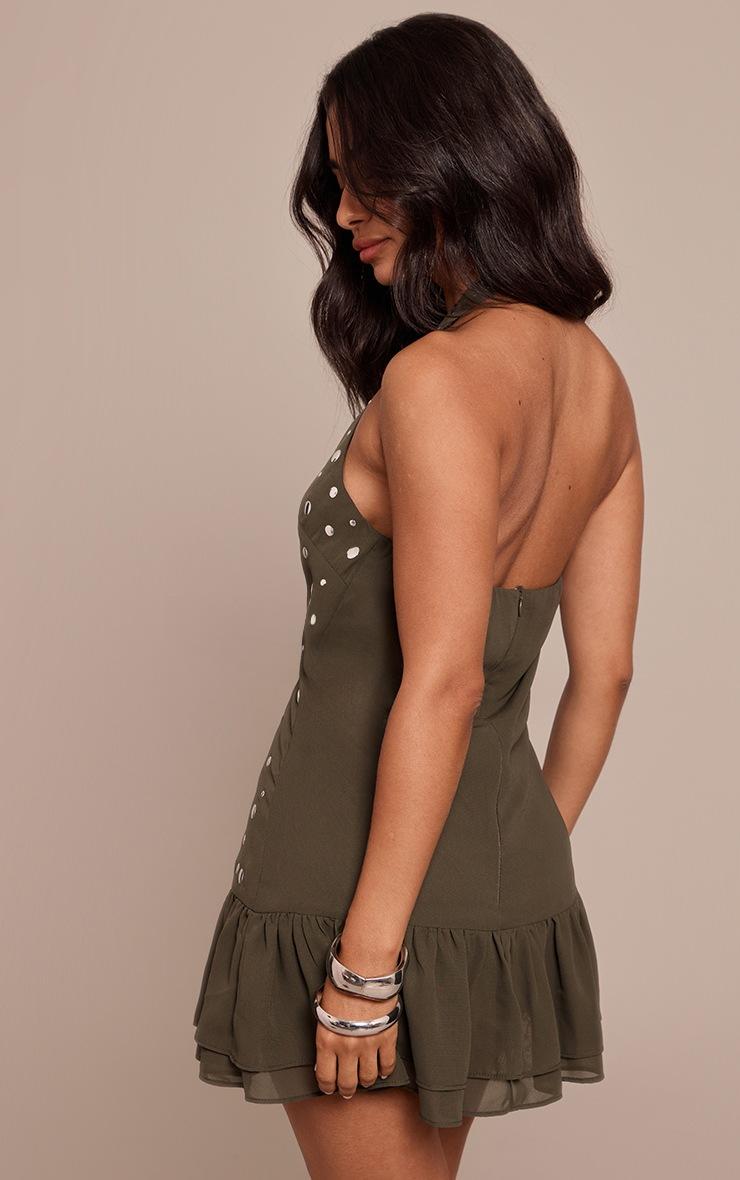 Pretty Little Thing Petite Khaki Ruffle Stud Detail Halterneck Dress
