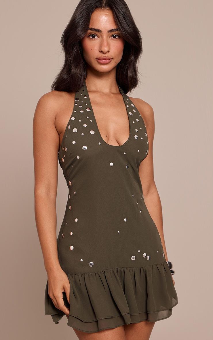 Pretty Little Thing Petite Khaki Ruffle Stud Detail Halterneck Dress