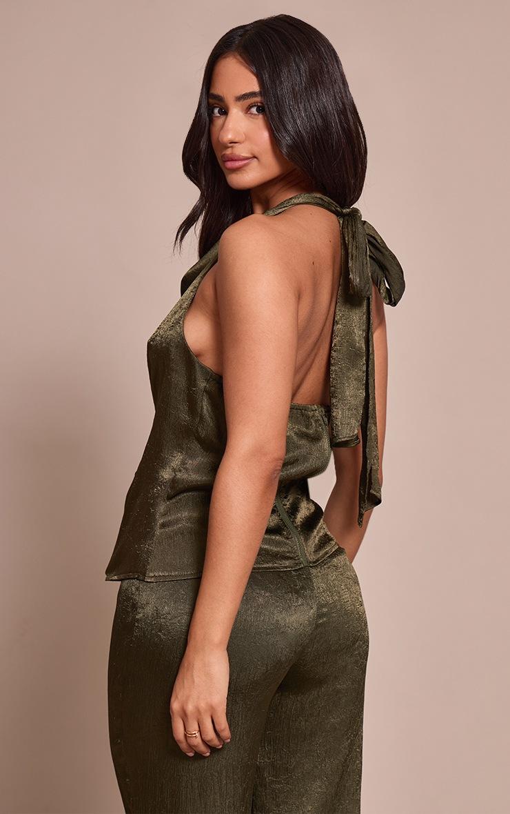 Pretty Little Thing Petite Khaki Textured Halterneck Tie Long Top