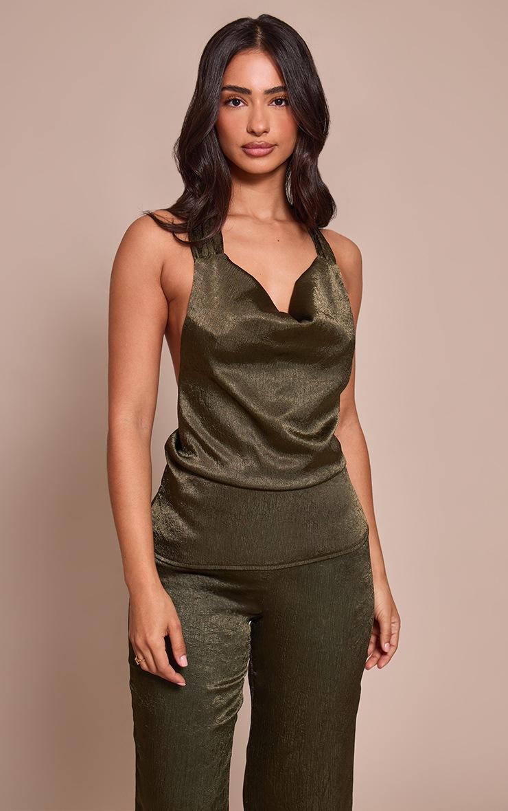 Pretty Little Thing Petite Khaki Textured Halterneck Tie Long Top