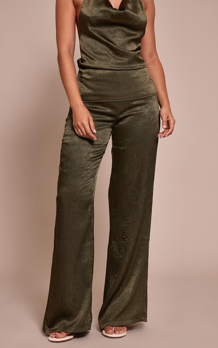 Pretty Little Thing Petite Khaki Textured Wide Leg Pants