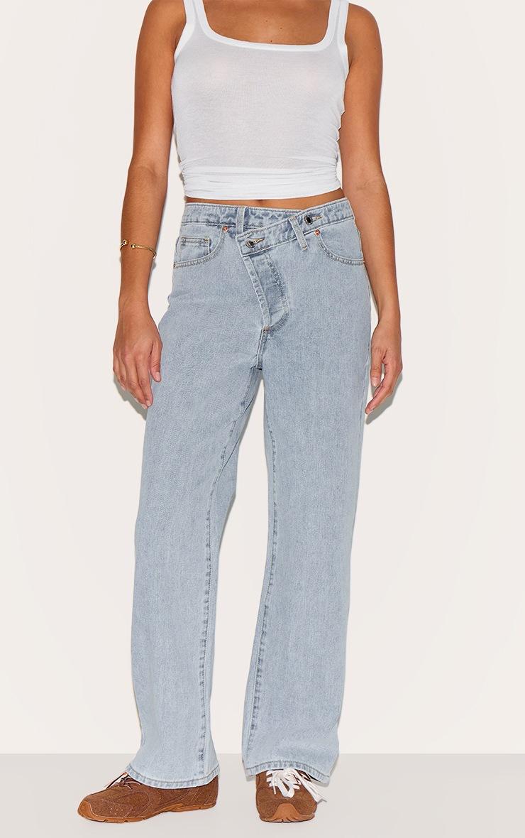 Pretty Little Thing Petite Light Blue Denim Asymmetric Waistband Straight Leg Jeans