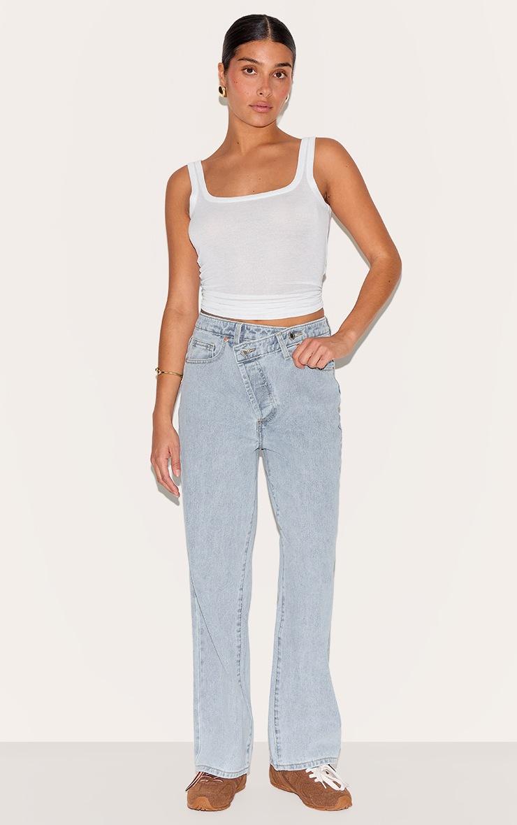 Pretty Little Thing Petite Light Blue Denim Asymmetric Waistband Straight Leg Jeans