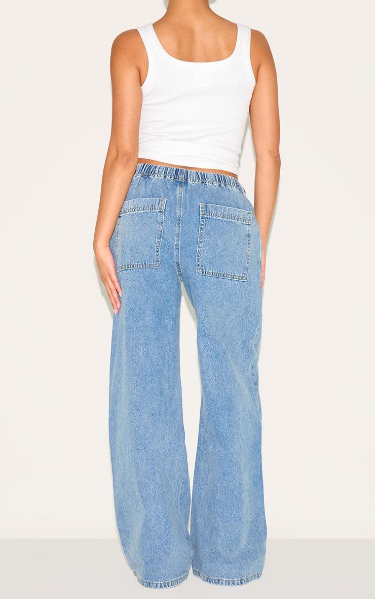 Pretty Little Thing Petite Light Blue Denim Relaxed Drawstring Wide Leg Jeans