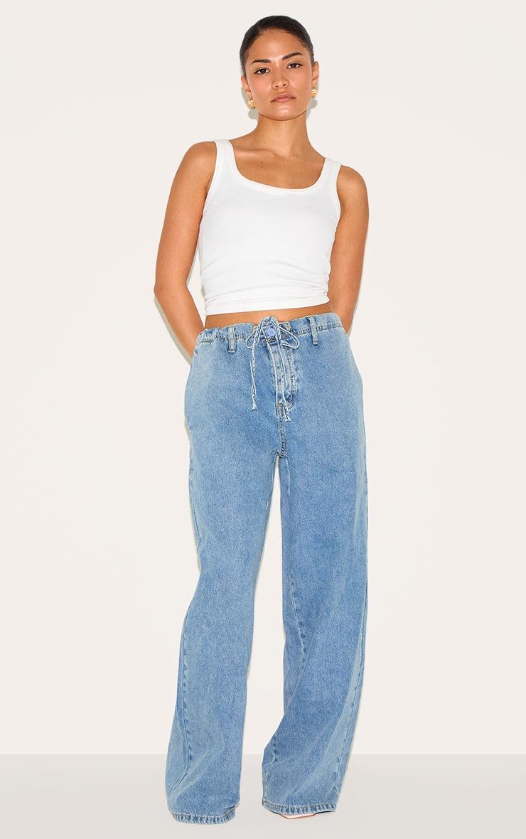 Pretty Little Thing Petite Light Blue Denim Relaxed Drawstring Wide Leg Jeans