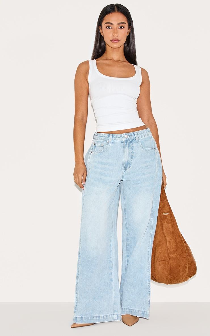 Pretty Little Thing Petite Light Blue Denim Side Pleated Detail Wide Leg Jeans