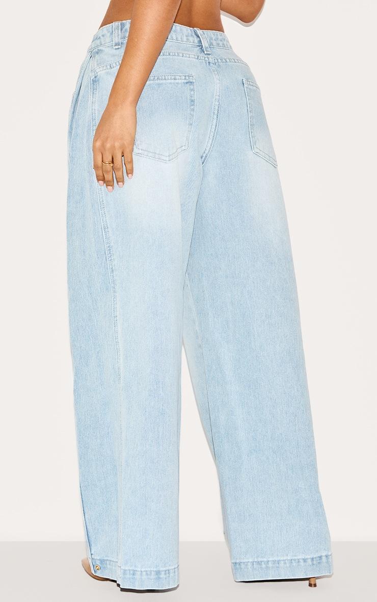 Pretty Little Thing Petite Light Blue Denim Side Pleated Detail Wide Leg Jeans