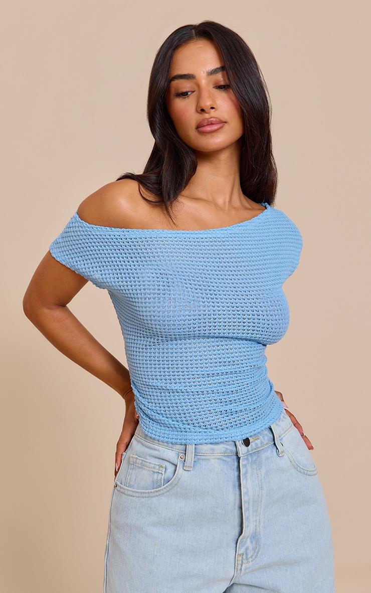 Pretty Little Thing Petite Light Blue Textured One Shoulder Top