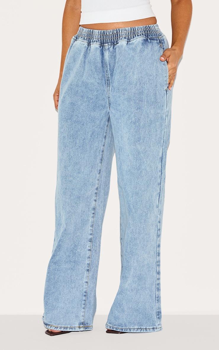 Pretty Little Thing Petite Light Blue Wash Elasticated Wide Leg Jeans