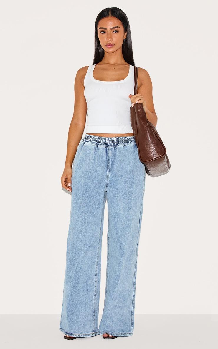 Pretty Little Thing Petite Light Blue Wash Elasticated Wide Leg Jeans