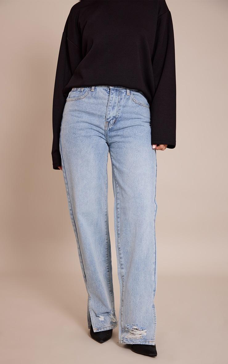 Pretty Little Thing Petite Light Blue Wash Ripped Split Hem Straight Leg Jeans