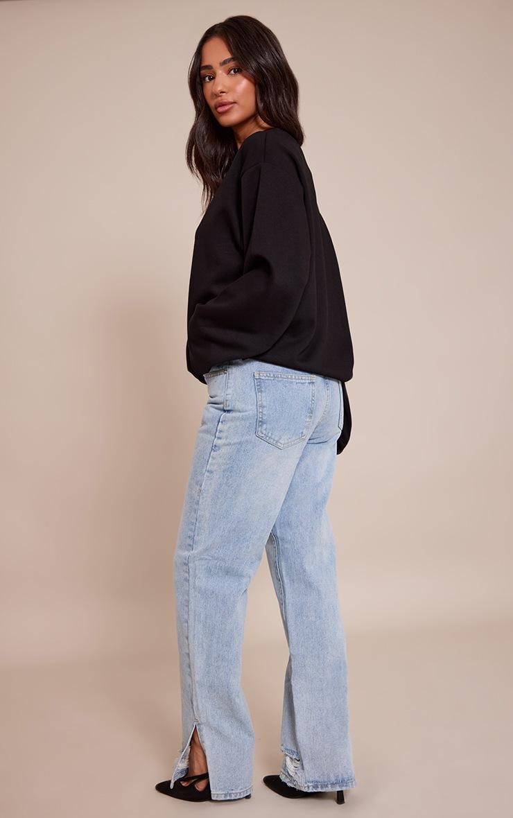 Pretty Little Thing Petite Light Blue Wash Ripped Split Hem Straight Leg Jeans