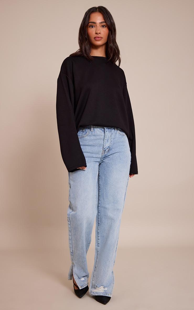 Pretty Little Thing Petite Light Blue Wash Ripped Split Hem Straight Leg Jeans