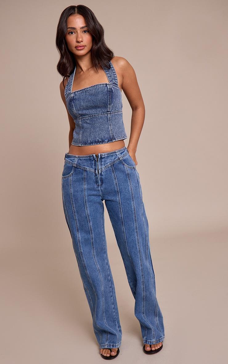 Pretty Little Thing Petite Mid Blue Denim Halterneck Top