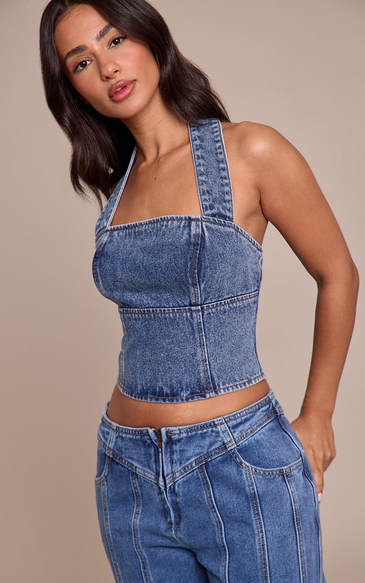 Pretty Little Thing Petite Mid Blue Denim Halterneck Top