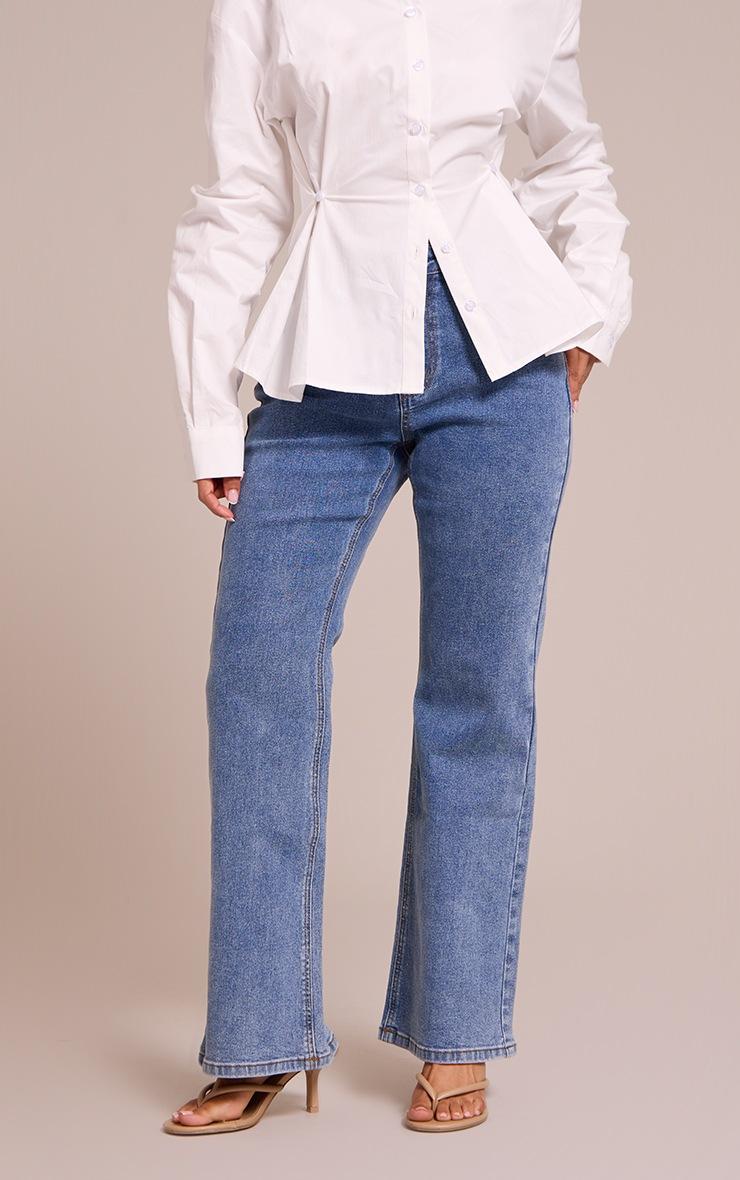 Pretty Little Thing Petite Mid Blue High Waisted Denim Bootcut Jeans