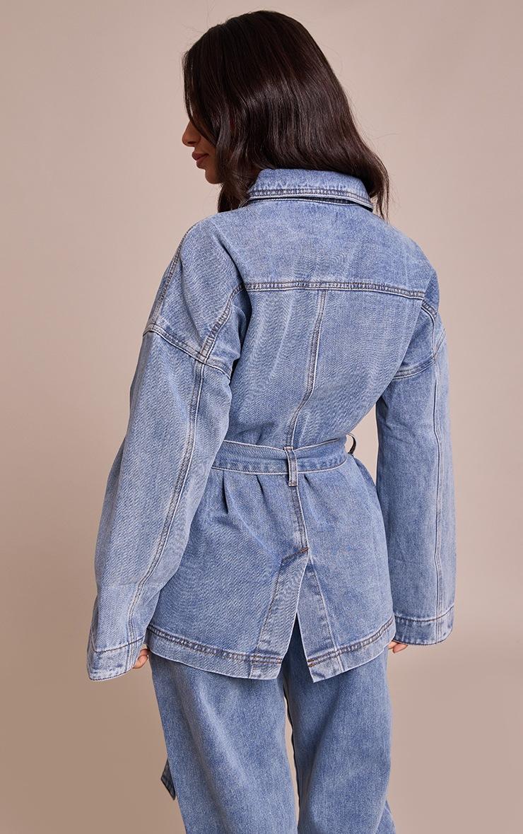 Pretty Little Thing Petite Mid Blue Tie Waist Utility Denim Jacket