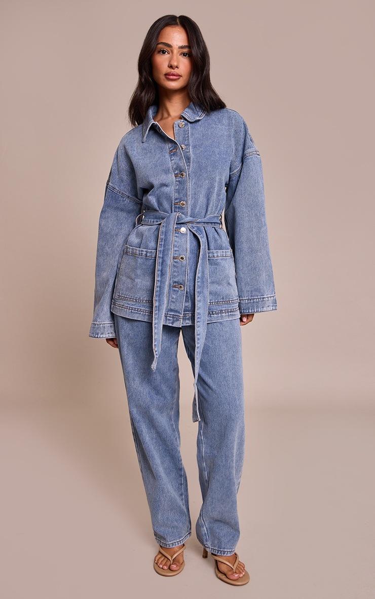 Pretty Little Thing Petite Mid Blue Tie Waist Utility Denim Jacket