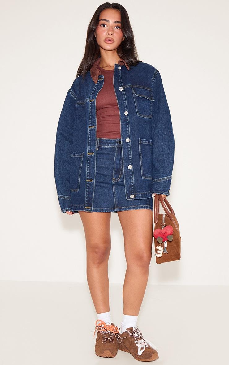 Pretty Little Thing Petite Mid Blue Wash Contrast Collar Utility Denim Jacket