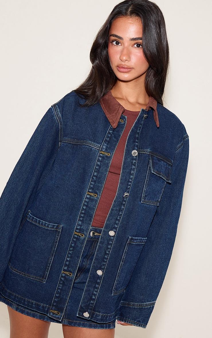 Pretty Little Thing Petite Mid Blue Wash Contrast Collar Utility Denim Jacket