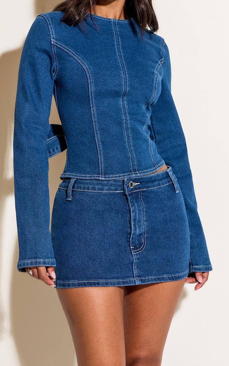 Pretty Little Thing Petite Mid Blue Wash Contrast Stitch Denim Mini Skirt