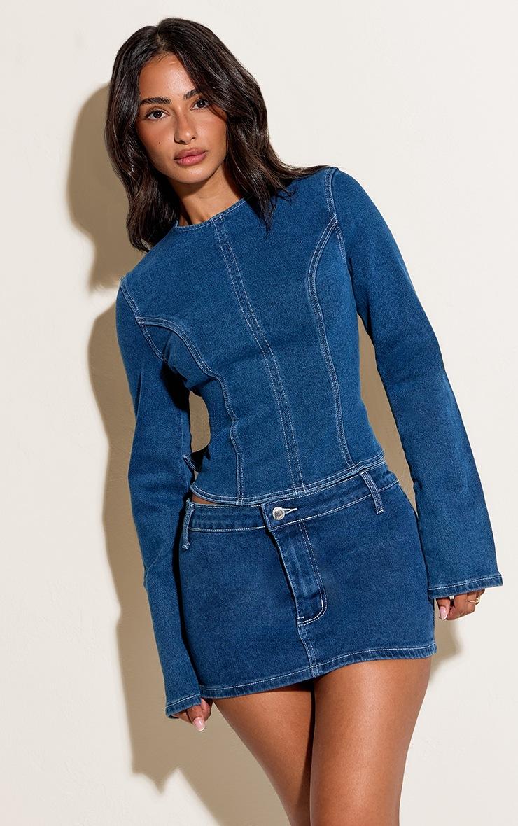 Pretty Little Thing Petite Mid Blue Wash Contrast Stitch Denim Mini Skirt