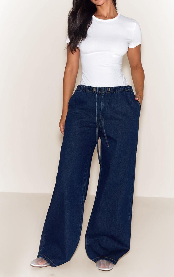 Pretty Little Thing Petite Mid Blue Wash Elasticated Tie Waist Wide Leg Jeans
